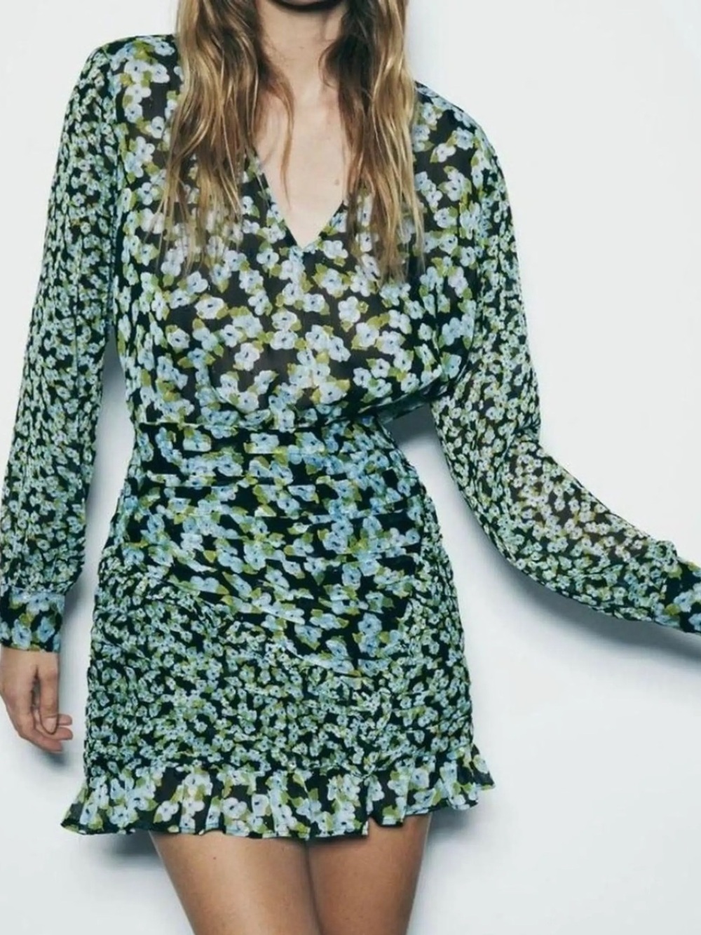 ZARA Blue Green Floral Ruched Mini Dress Size XS NWT